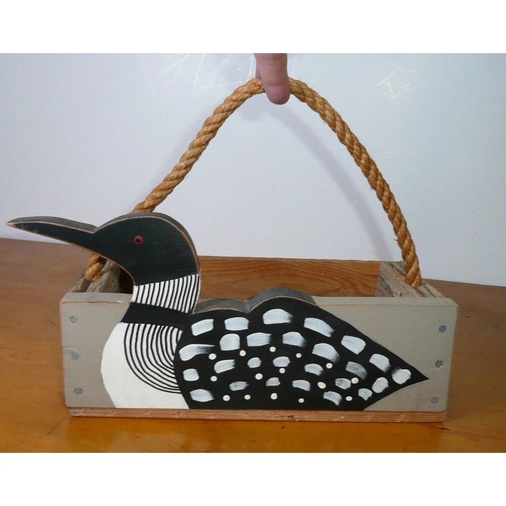 Rustic Hand Painted Wood Loon Bird Crate Box With Rope Handle Small Duck